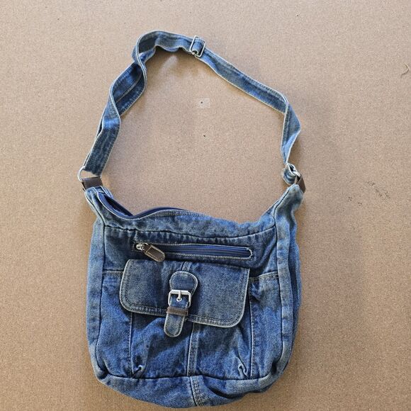 Vintage Adjustable Shoulder Blue Jean Purse 2000's Y2K Pockets Boho Zipper (B2) - Picture 1 of 9